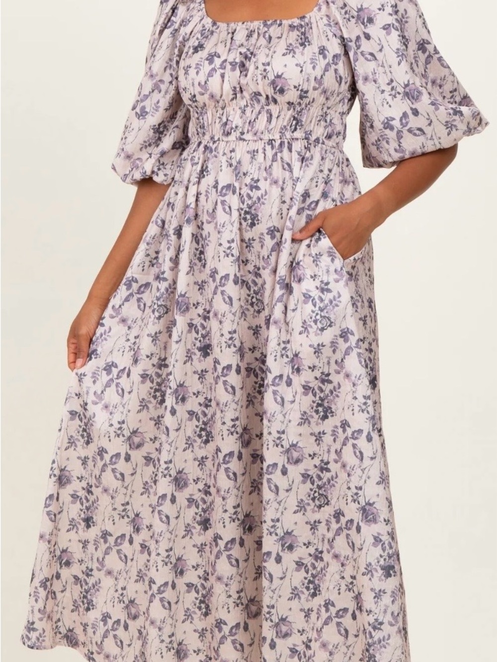Puff-Sleeve Floral Maxi Dress in Blush